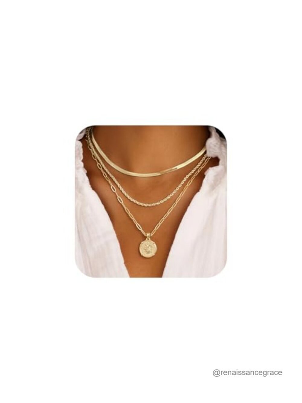 14K Gold Plated Layered Necklace Set, 3 Pendant Chain Stack, Tarnish Free,